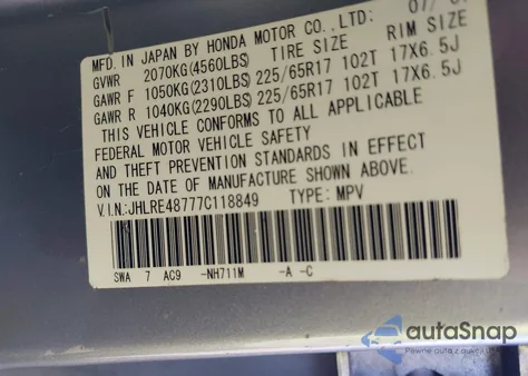 2007 Honda Cr-V Ex-L from USA, damaged, VIN JHLRE48777C118849